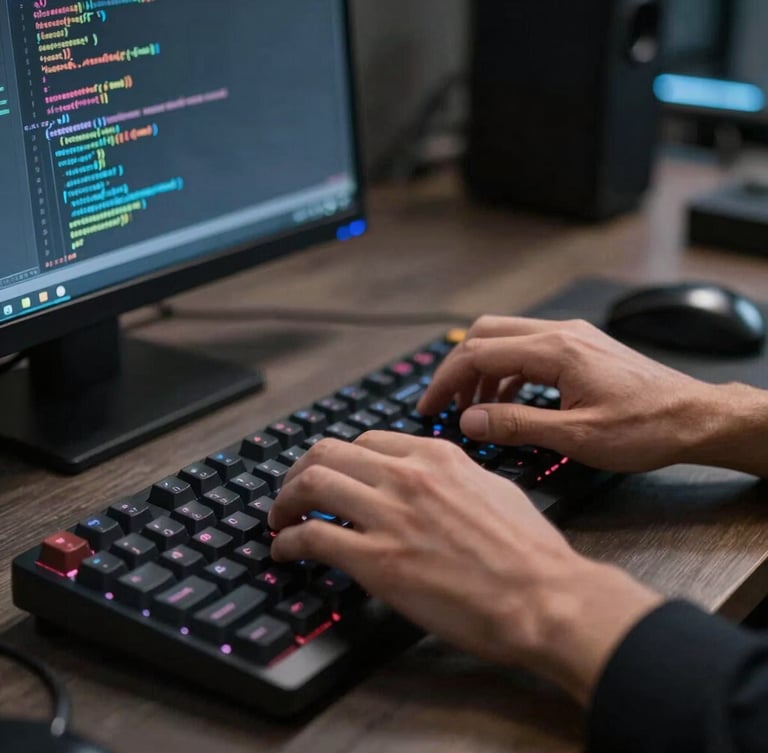 A close-up of a developer's hands typing on a mechanical keyboard, code glowing on a dark screen in a high-contrast industrial workspace, dramatic side lighting, sharp focus.