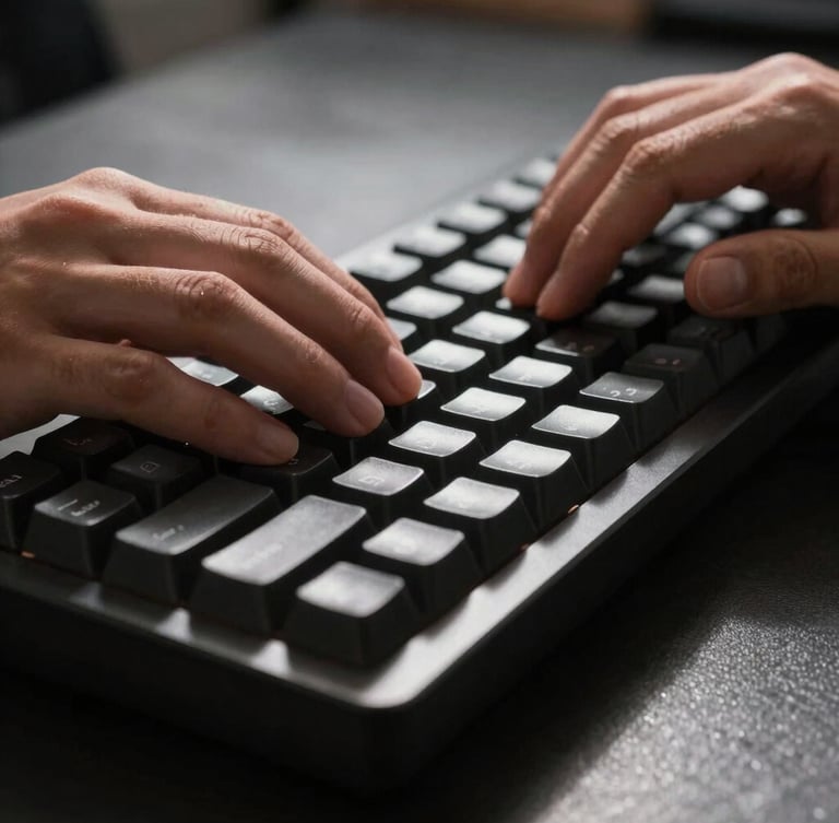 Close-up macro shot of hands typing on a mechanical keyboard, high contrast dramatic natural light, deep shadows, dark desk environment.