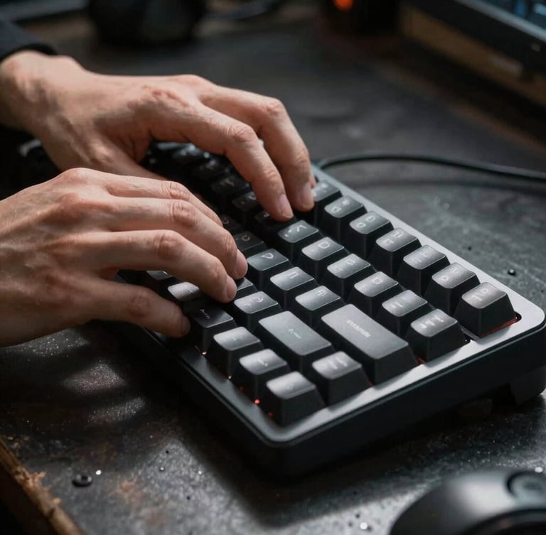 Macro shot of hands typing clean code on a mechanical keyboard, high contrast dramatic natural light with deep shadows, dark industrial-tech workspace environment