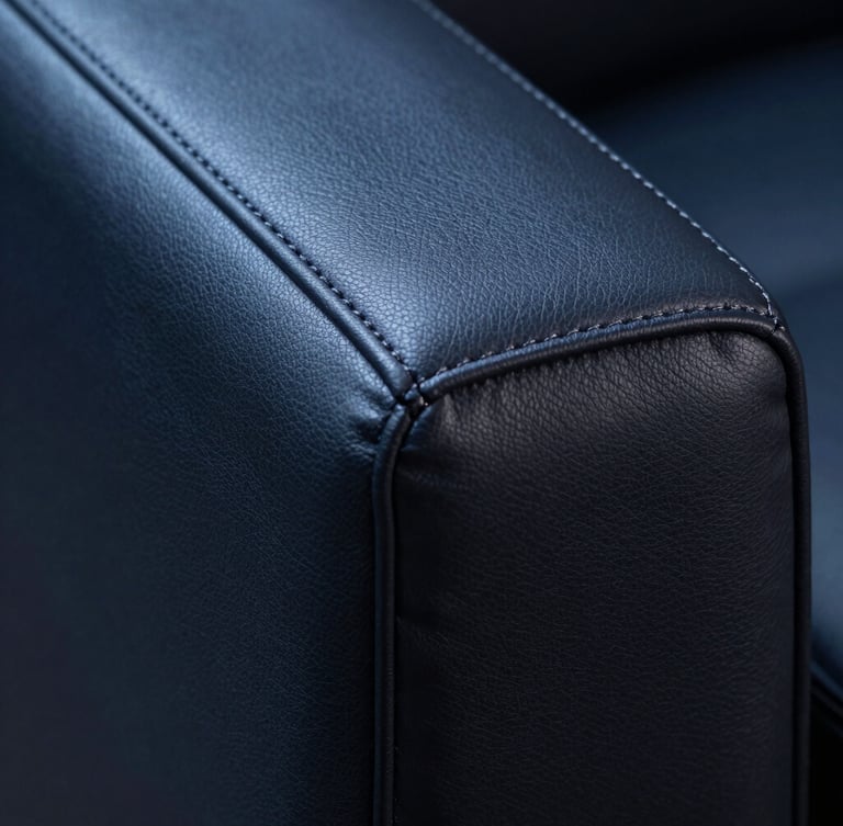 Macro close-up of premium dark leather upholstery with precise stitching, clinical studio lighting with cool blue tones, side angle