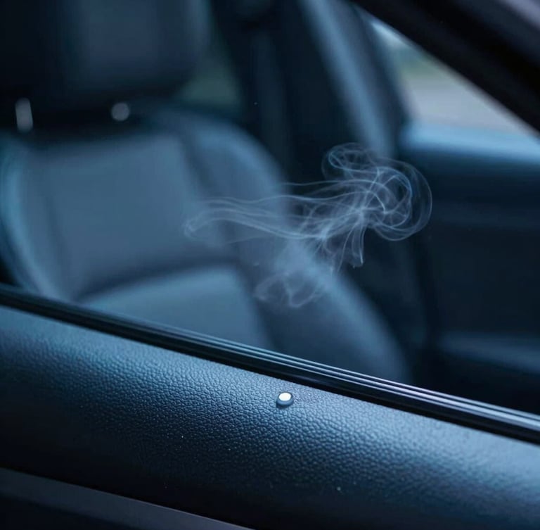 Macro close-up looking through a car window, cool directional blue studio lighting illuminating a subtle mist of ozone sterilization inside a dark leather cabin, clinical and clean atmosphere.
