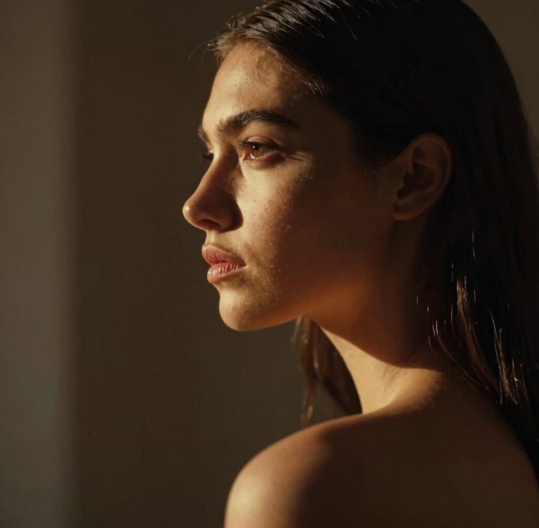 Cinematic video still of an editorial brand shoot, a model in shadow with dramatic natural light highlighting their profile, warm rich tones, cinematic composition.