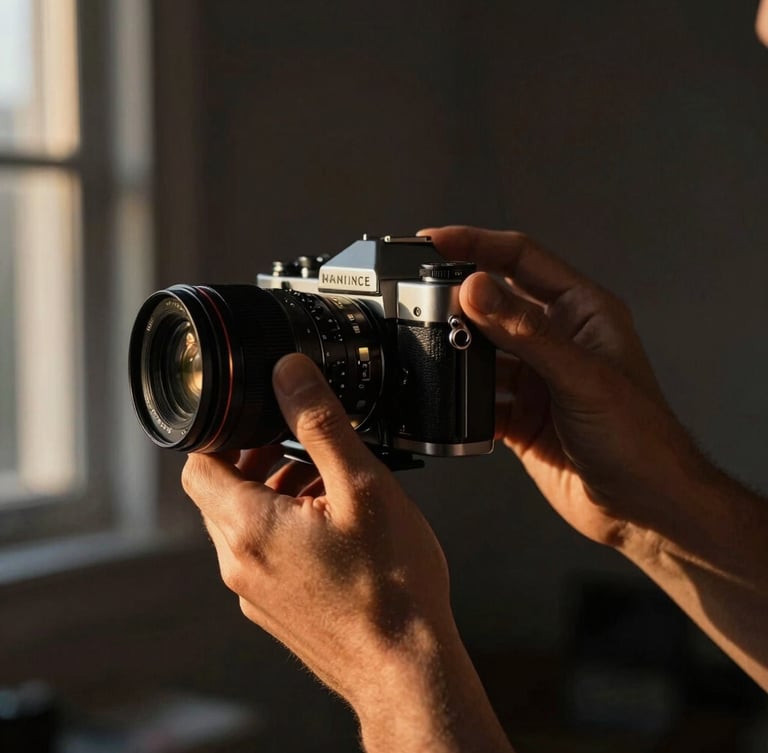 Cinematic close-up of a videographer's hands adjusting a vintage camera lens, warm natural light streaming through a window, moody dark background, high contrast