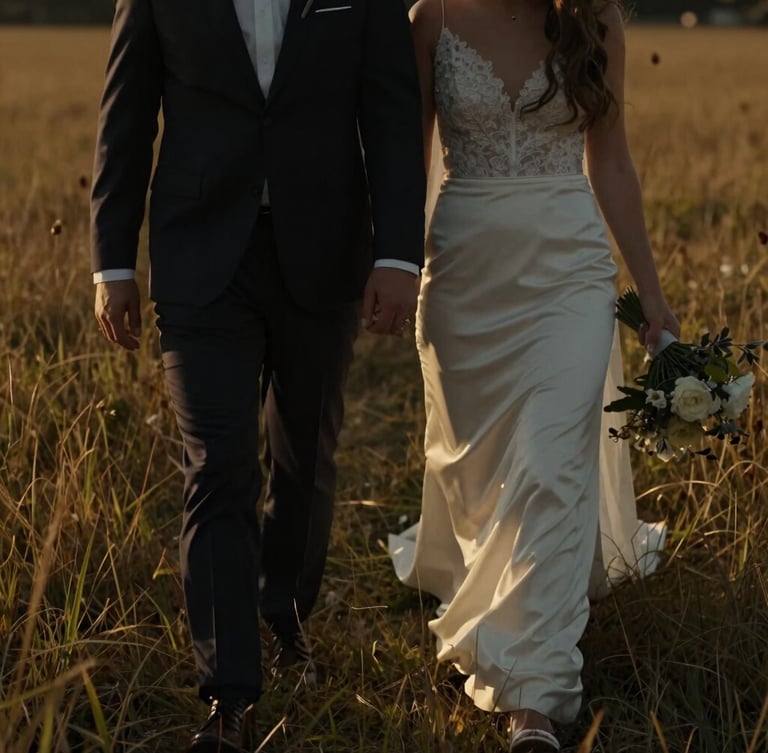 Moody cinematic video still of a bride and groom walking through a golden-hour field, shallow depth of field, 35mm anamorphic lens look, deep shadows, rich warm tones