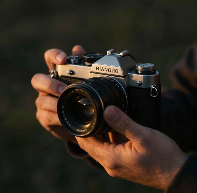 Cinematic close-up of hands gently adjusting a vintage camera lens, moody low-key lighting, shallow depth of field, warm golden-hour tones, dark background.