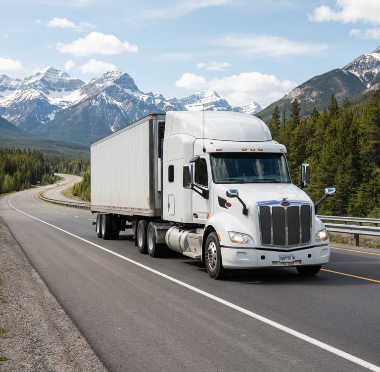 A commercial transport truck driving on a clean Canadian highway under bright daylight, professional transport photography, 35mm lens