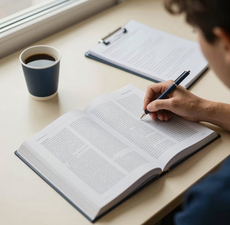 Overhead shot of a student highlighting text in a law textbook, coffee cup and legal pad on a warm cream desk, soft natural window light, muted navy and warm cream tones, shallow depth of field, 35mm lens