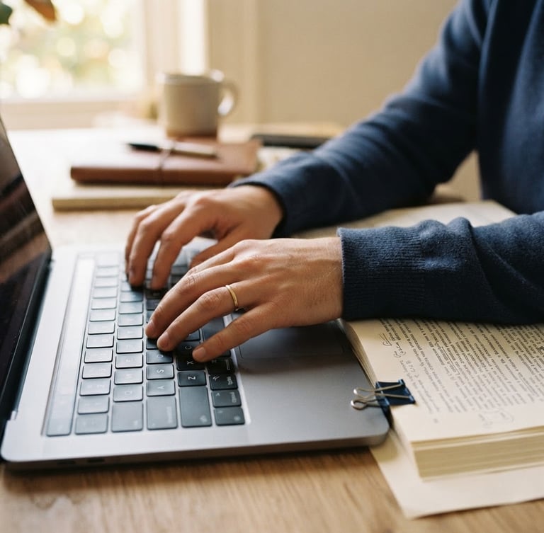 Close-up of hands on a laptop keyboard, legal brief open beside it, soft natural window light, muted navy and warm cream tones, shallow depth of field, 35mm lens