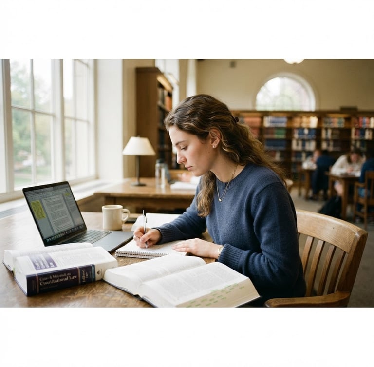 Law student studying in a bright library, open law books, laptop, shallow depth of field, natural window light, muted navy and warm cream tones, 35mm lens, wide panoramic frame, subject off-center to the left.