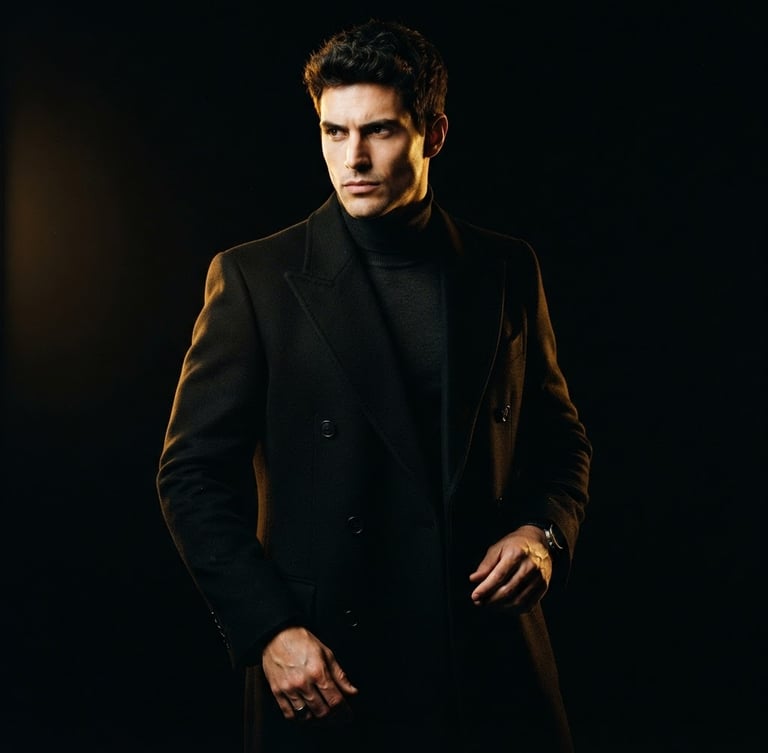 Moody editorial fashion photography of a male model in a structured black wool overcoat, dramatic low-key studio lighting, deep black background, golden rim light, 35mm lens, sharp shadows