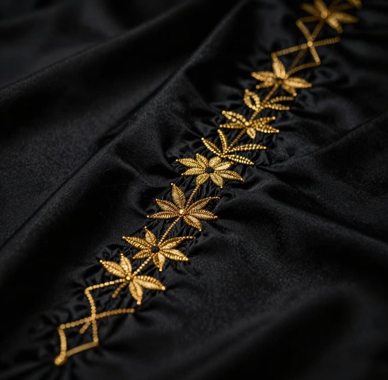 Close-up of golden embroidery being hand-stitched onto heavy black silk fabric, dramatic low-key lighting, golden rim light, 35mm lens