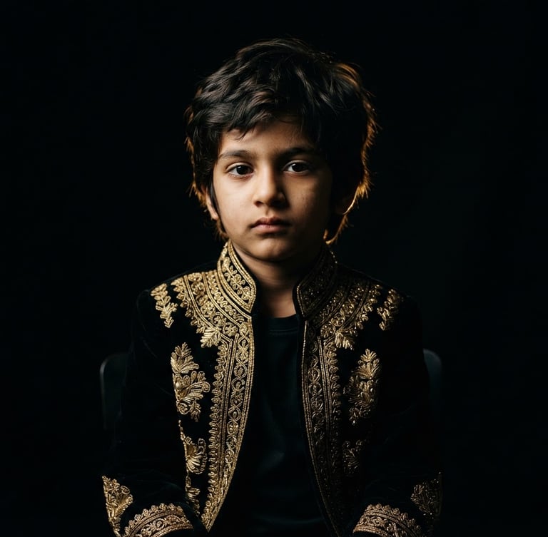 Dramatic low-key studio portrait of a young child in a structured gold-embroidered black velvet jacket, high-contrast chiaroscuro lighting, deep black background with a subtle golden rim light