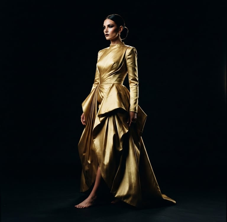 Dramatic low-key studio lighting on a model wearing a structured gold silk gown, isolated against a deep black background, golden rim light, 35mm lens