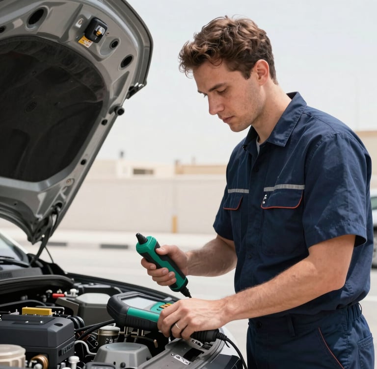 Medium shot of a professional mechanic in a clean navy uniform using a modern handheld diagnostic tool on a vehicle, bright Jeddah daylight, sharp focus