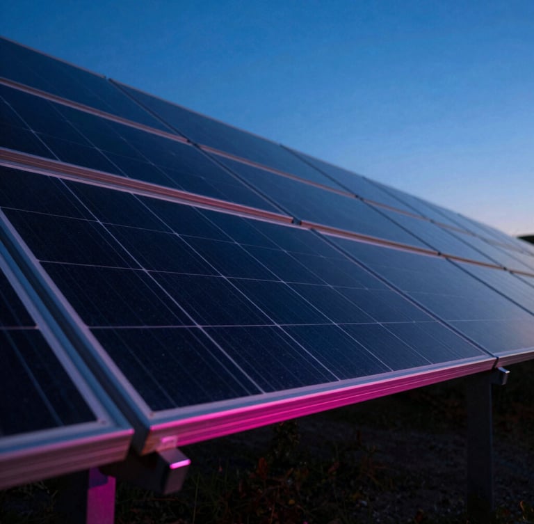 Sleek monocrystalline solar arrays reflecting deep blue twilight sky, sharp metallic lines, premium industrial photography, 35mm lens
