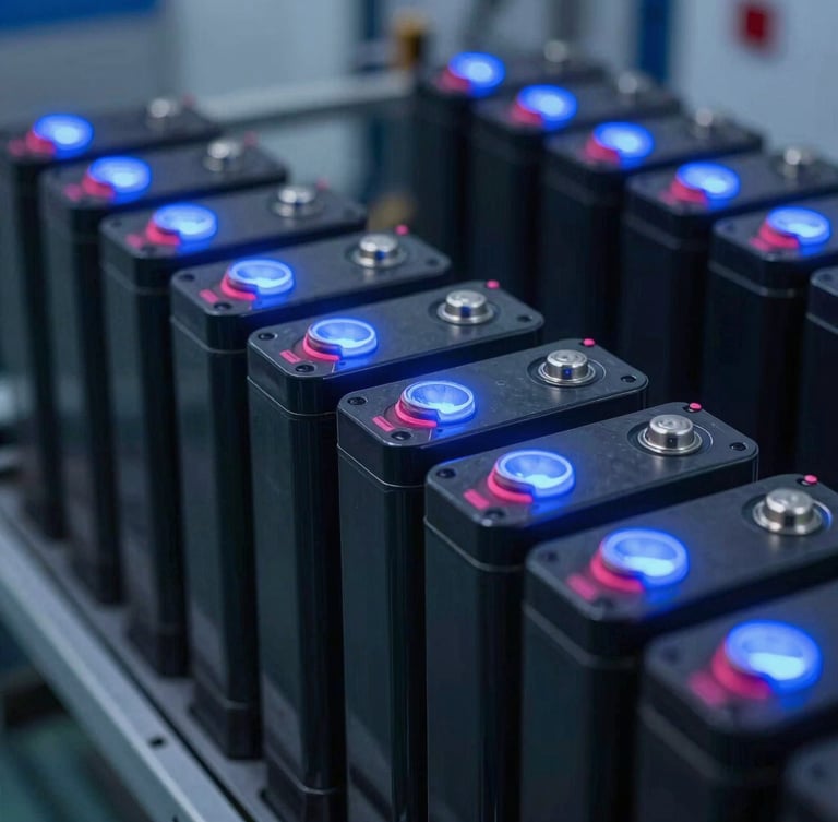 Close-up macro detail of industrial lithium battery banks inside a clean utility room, glowing electric blue status lights, metallic black textures, sharp focus.