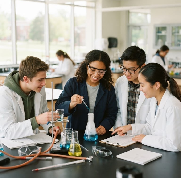 Bright editorial photograph of students collaborating around a science experiment in a modern, sunlit laboratory, shallow depth of field, 35mm