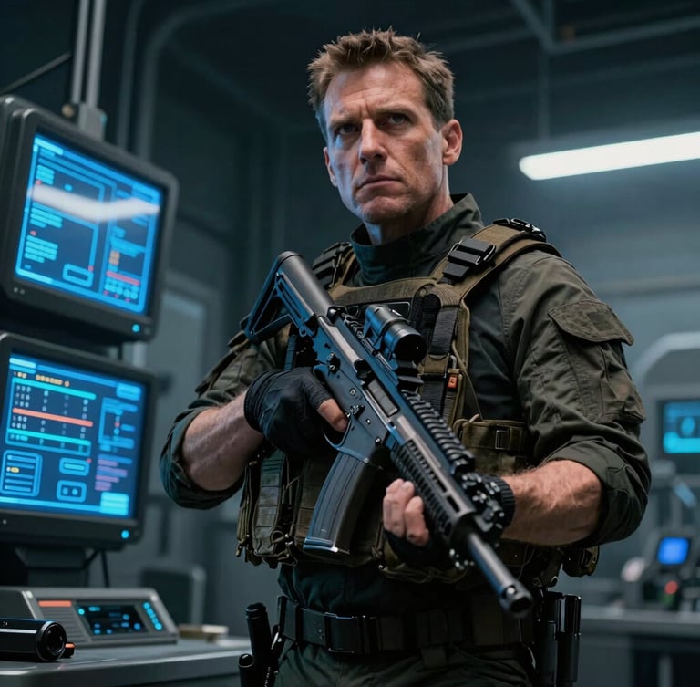 Cinematic low-angle shot of a veteran in a dark industrial tech lab, electric blue terminal screens reflecting on tactical gear, sharp focus, 35mm lens.
