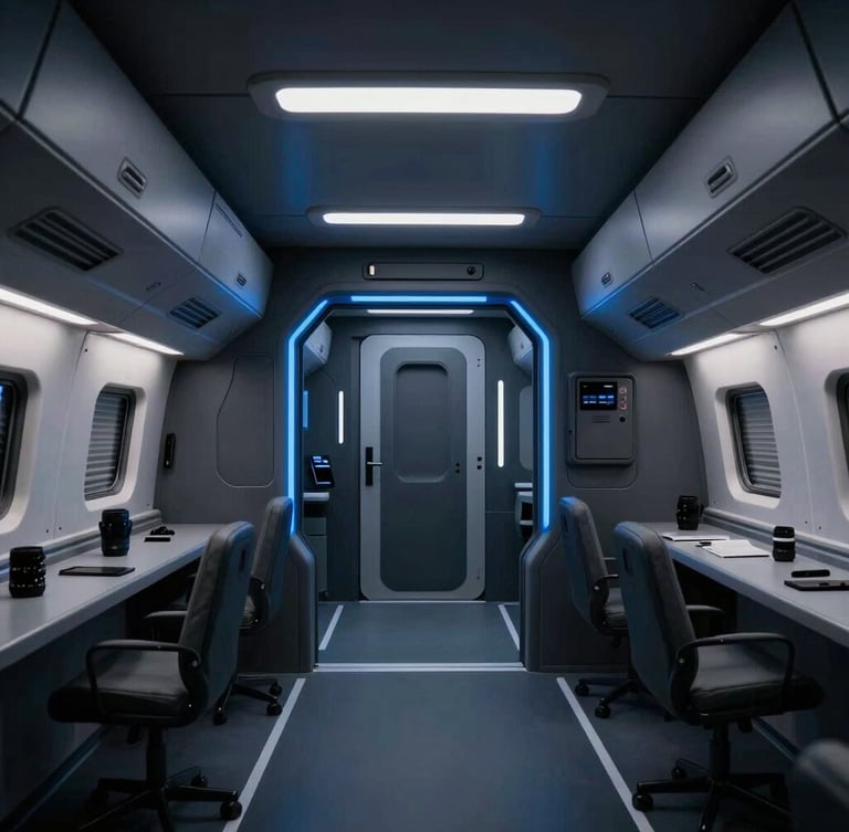 Cinematic tactical view of a modern, clean transitional cabin facility with sharp architectural lines, low-key dramatic lighting, electric blue accent lights, 35mm lens.