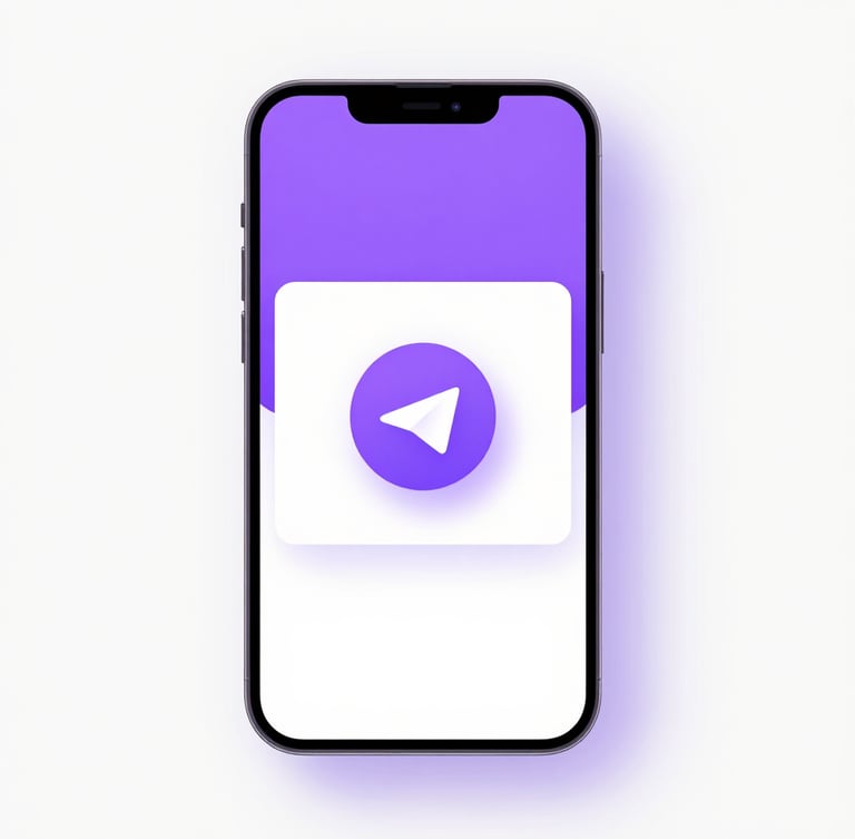 Clean 3D render of a minimalist smartphone displaying a Telegram chat window with a purple verification code popping up, soft purple ambient glow, high-contrast white background