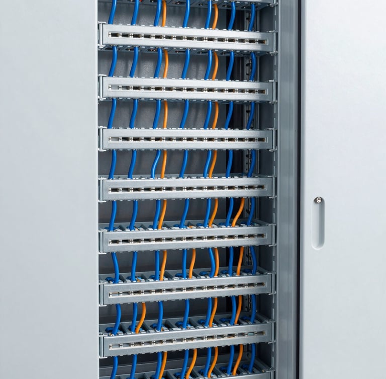 A clean, bright server room installation featuring neatly mounted switches in a metal rack, with blue and orange cables routed precisely, bright neutral lighting
