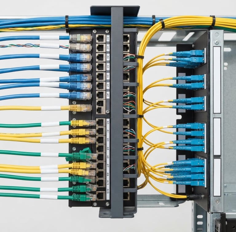 Straight-on clean studio shot of high-performance copper and fiber optic network cables, organized neatly with clear labels, bright industrial daylight