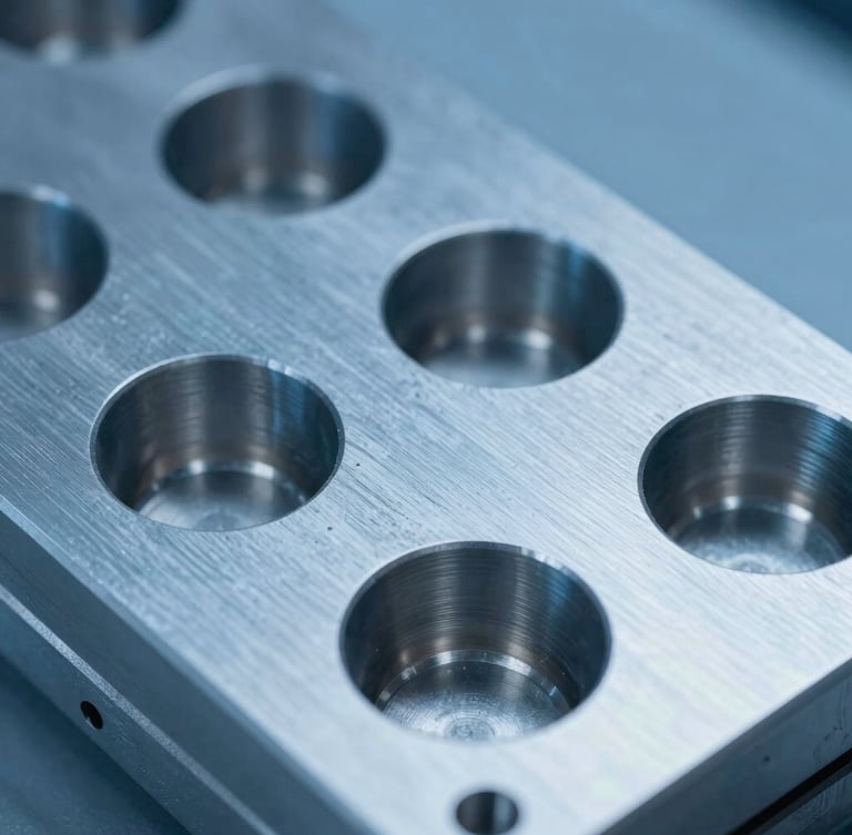 Macro close-up of a highly polished multi-cavity steel mold plate under cool industrial blue rim lighting, showing micro-machined tooling details
