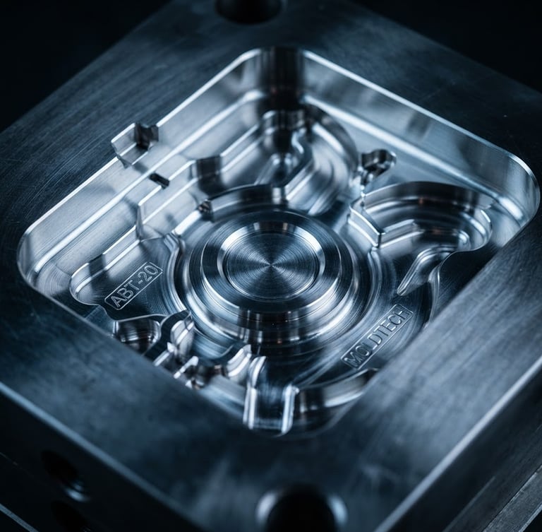 Macro close-up of a high-precision polished steel mold cavity, sharp focus, cool-toned industrial studio lighting with dramatic rim lighting on metallic surfaces.