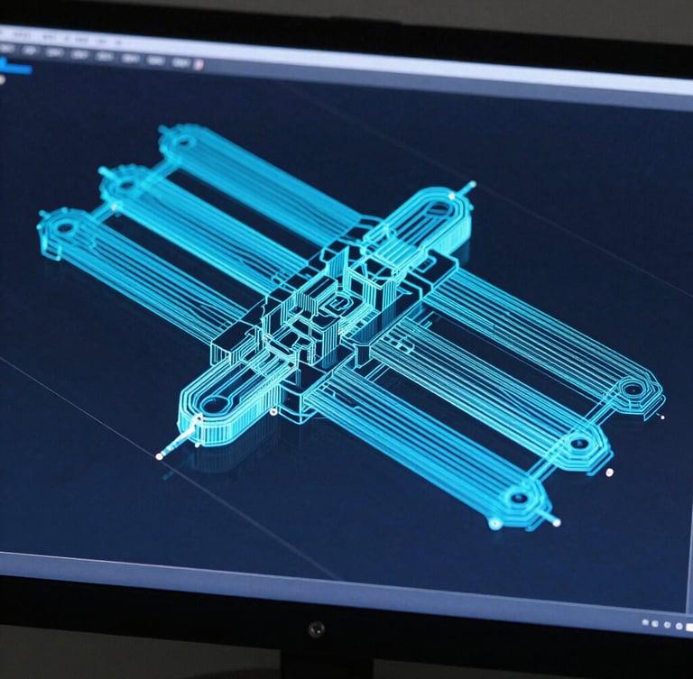 Macro close-up of a complex CAD mold design on a high-resolution screen in a dark engineering office, glowing cyan line vectors, sharp focus