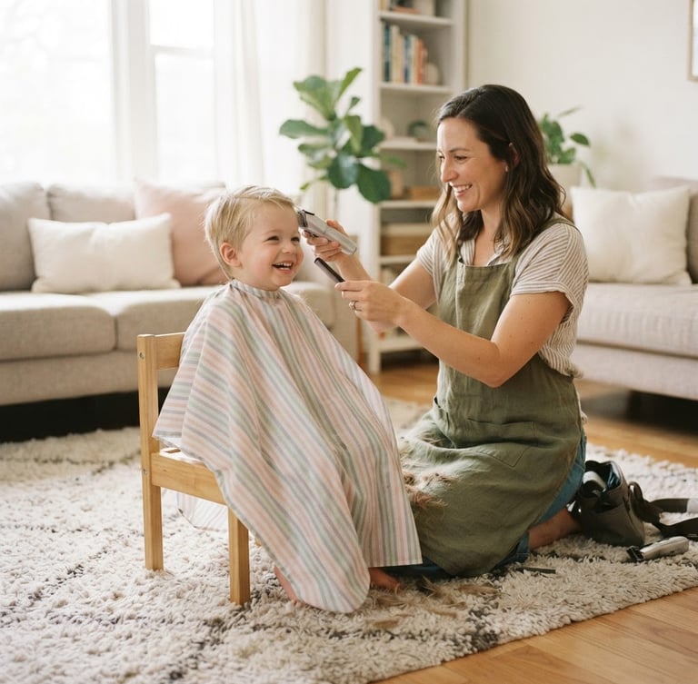 A certified mobile stylist sitting gently at eye-level on a soft rug, cutting a smiling child's hair with quiet clippers in a sunlit living room, warm editorial photography, soft pastel tones