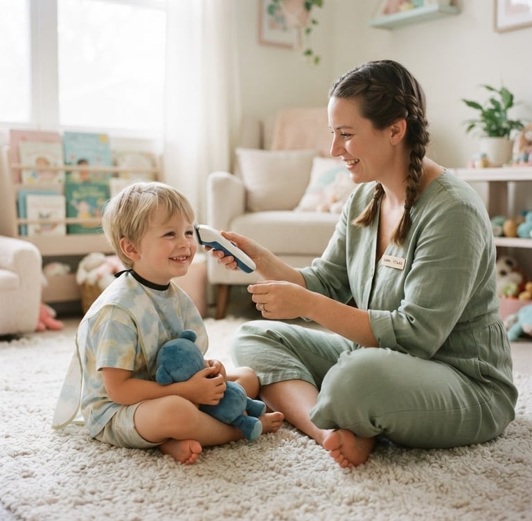 A certified mobile stylist sitting at eye level on a soft rug with a smiling neurodivergent child, holding a quiet sensory-friendly clipper, soft diffused indoor light, pastel colors, 35mm