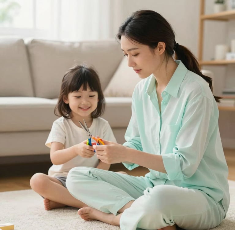 A certified female stylist in a pastel mint shirt sitting on a living room rug at eye-level with a smiling child, holding a pair of quiet, colorful scissors, soft diffused natural light
