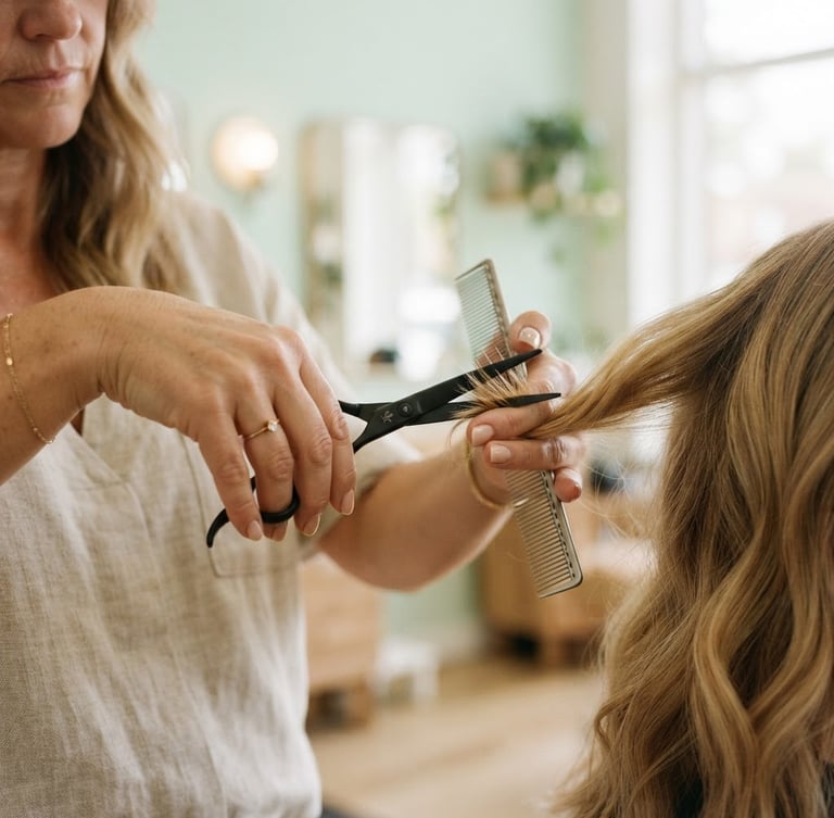 Close-up of a certified stylist's hands holding specialized quiet shears, soft diffused natural indoor light, gentle pastel mint background, shallow depth of field, 35mm