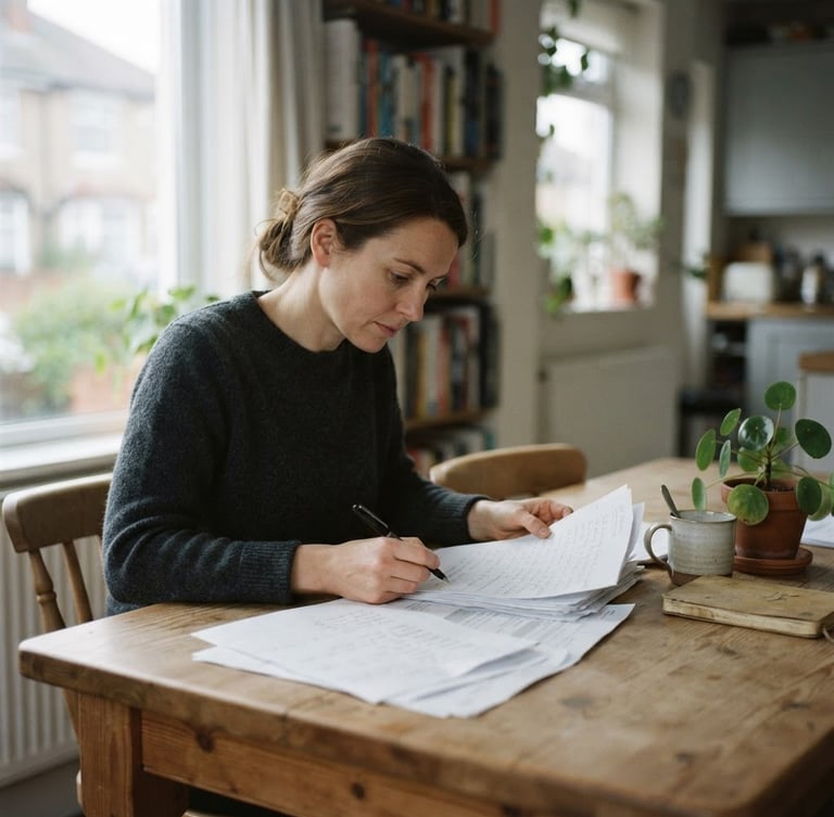 Candid medium shot of a person reviewing papers at a dining table in a softly lit UK home, natural overcast daylight, muted cool tones, shallow depth of field, 35mm lens.