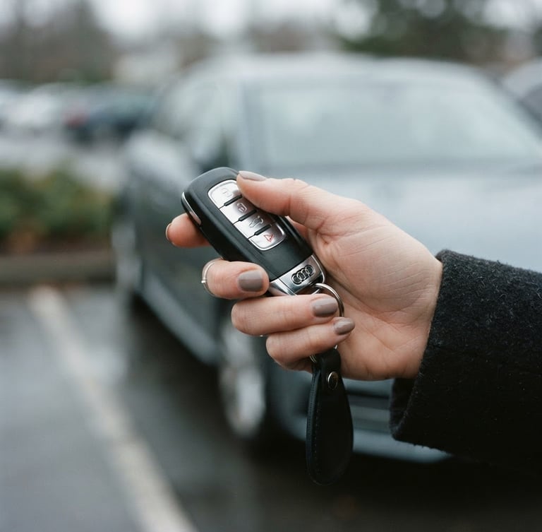 A close-up of a hand holding modern car keys outside, soft natural overcast daylight, muted cool tones, 35mm lens, shallow depth of field