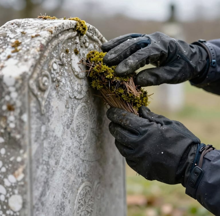Hands in protective outdoor gloves carefully brushing moss from a weathered marble headstone, soft overcast natural light, focus on the texture of the stone and gentle movement.