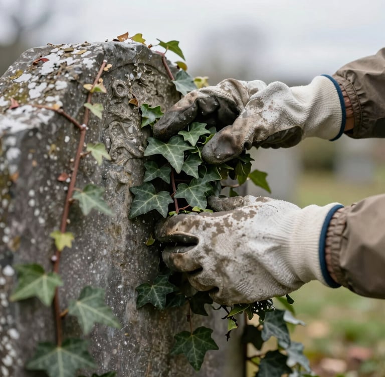 Hands in heavy work gloves gently clearing thick ivy from a weathered slate headstone, soft overcast light, shallow depth of field