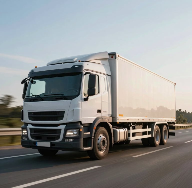 Wide environmental shot of a modern clean cargo truck in active motion on a highway, crisp morning light, subtle speed blur, professional composition.