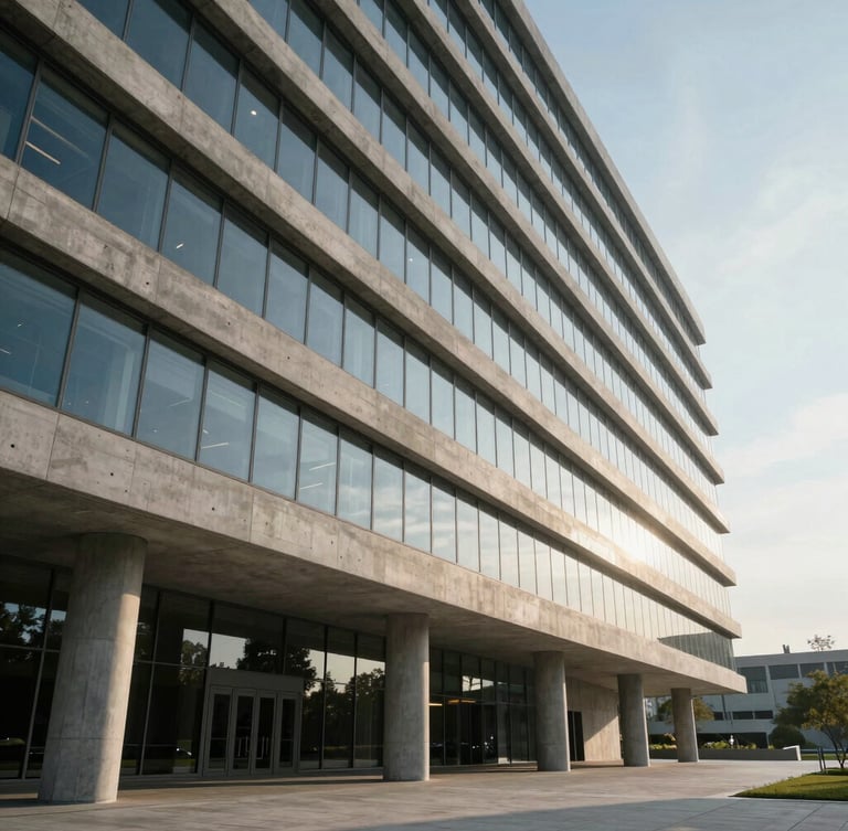 Cinematic wide shot of a modern concrete and glass corporate headquarters, strong diagonal architectural lines, soft morning light, generous negative space.