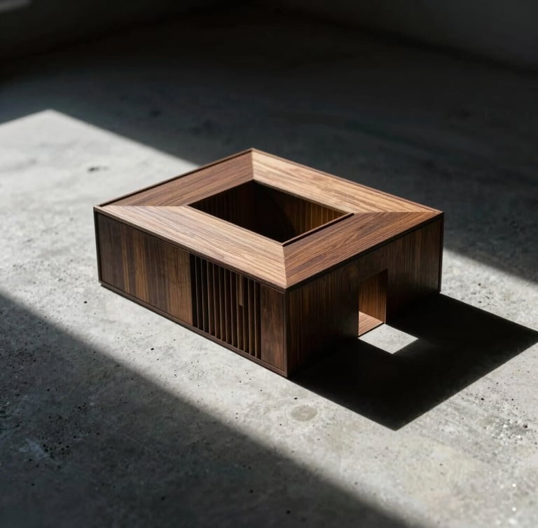Dramatic architectural model shot at eye-level in harsh side-lighting, casting deep shadows on a raw concrete surface, 35mm film
