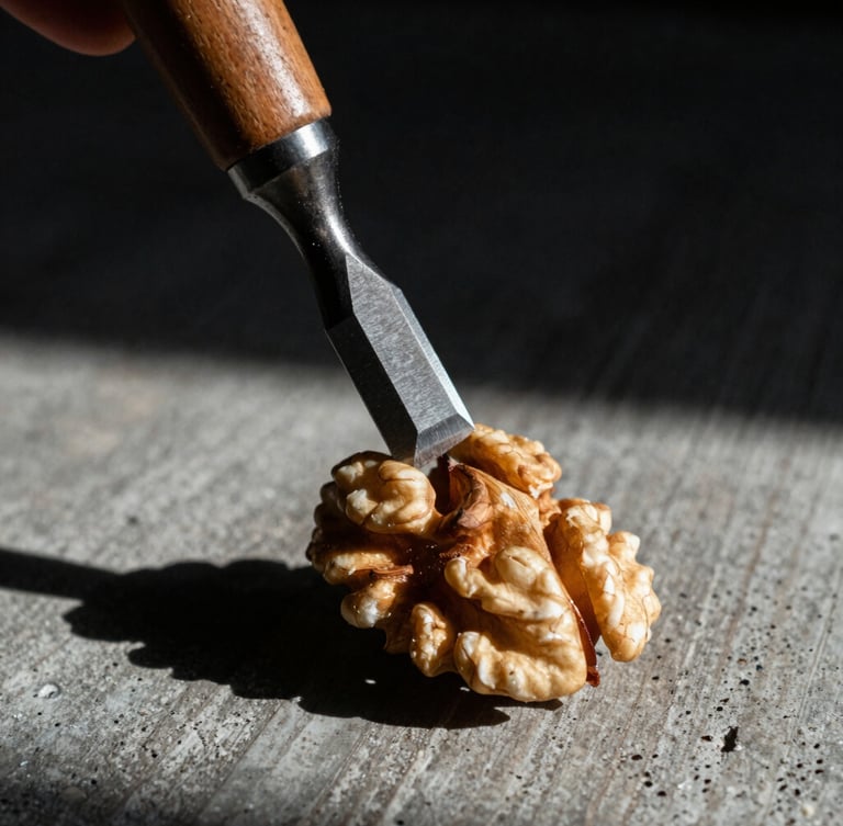 Extreme close-up of a raw walnut block meeting a sharp steel chisel, dramatic side-lighting casting deep shadows, high-contrast wood grain texture, 35mm film