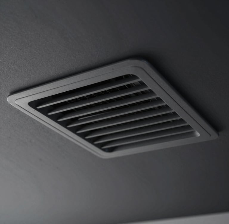 Extreme close-up of a sleek, flush-mounted architectural AC vent integrated seamlessly into a dark graphite ceiling, subtle cool air refraction visible.