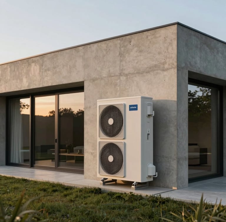 Cinematic side-lit view of a minimalist concrete luxury villa in Luxembourg, featuring a flush-integrated architectural aerothermal heat pump unit, soft evening light.