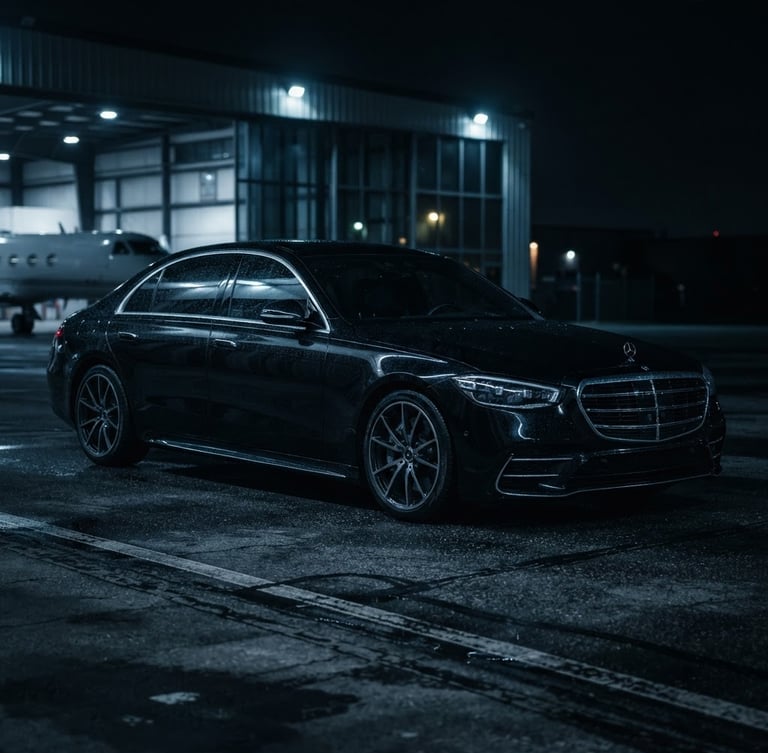 Sleek black executive sedan parked on a private airport tarmac, low-key dramatic cinematic lighting, cool silver reflections, sharp architectural lines.
