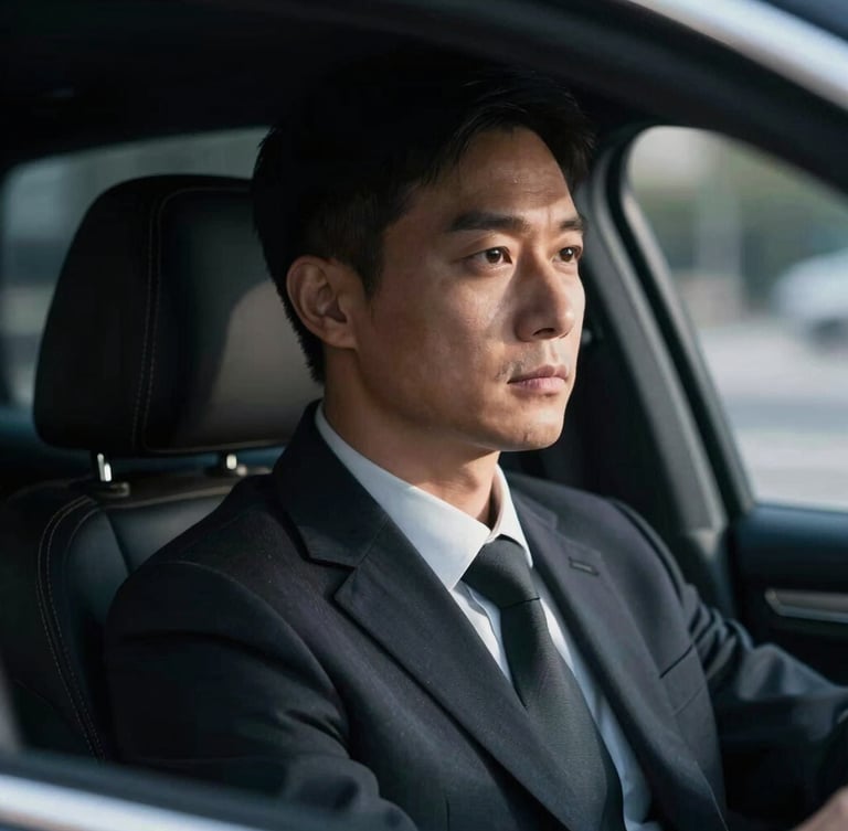 Close-up portrait of a professional security driver in a tailored dark suit, looking ahead with absolute focus, dramatic low-key lighting with cool silver rim highlights, shallow depth of field.