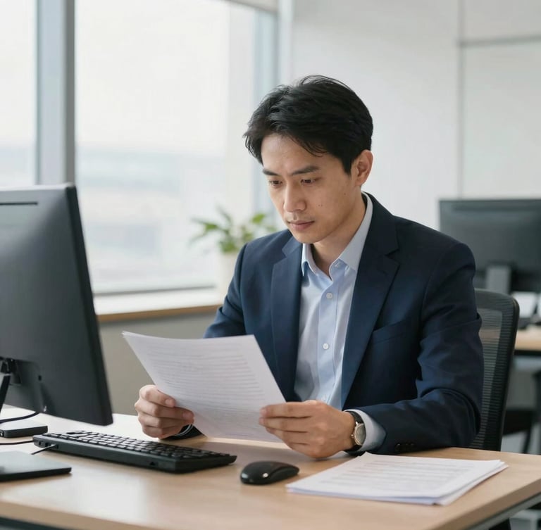 Focused business professional reviewing documents in a modern, well-lit office, soft natural daylight, off-center medium shot, deep blue and neutral tones