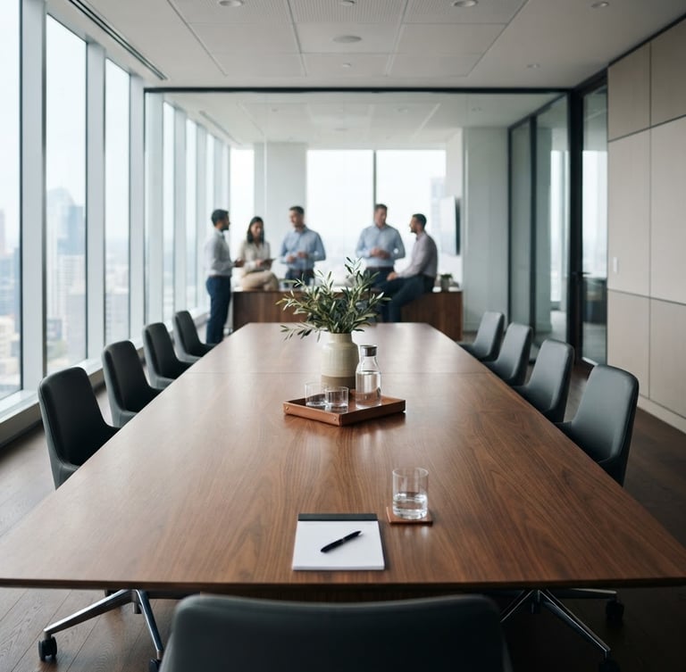 Modern corporate boardroom with a large table, soft diffused light, a few blurred professionals in the background, focus on the clean, empty table surface, wide shot
