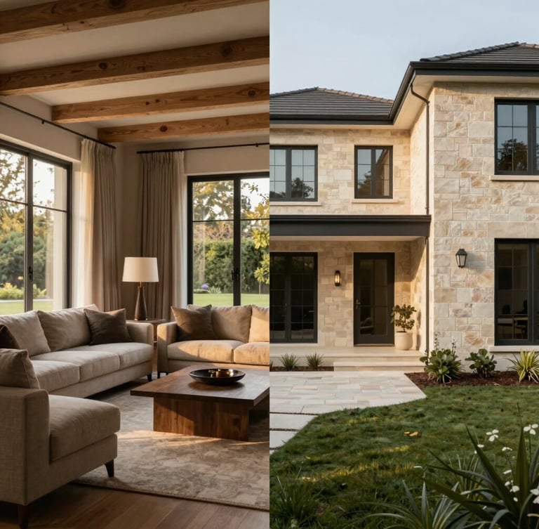 A split-screen architectural composition showing a beautifully styled modern living room with warm linen and oak on the left, and a pristine stone property exterior on the right, soft afternoon light.