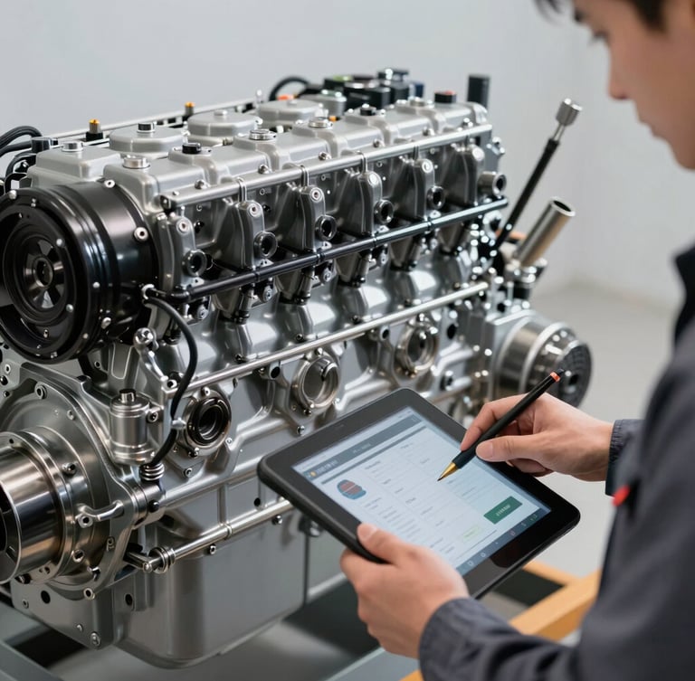 Technical close-up of a certified mechanic in a clean workshop using a diagnostic tablet connected to a massive marine diesel engine, high-contrast studio lighting, sharp focus on metallic textures.