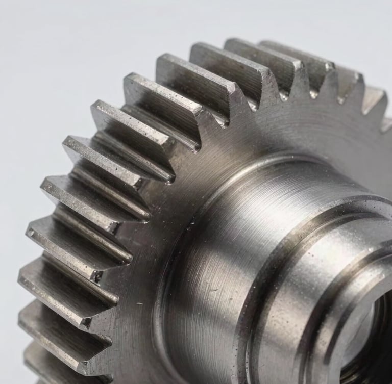 Macro close-up of a high-precision metallic gear with sharp teeth, industrial technical studio lighting, cool metallic textures, sharp focus, 85mm lens